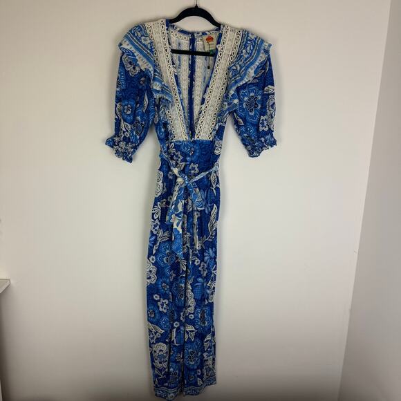 FARM Rio Womens Full of Flowers Linen Blend Half Sleeve Blue/White Jumpsuit XS - Picture 2 of 14